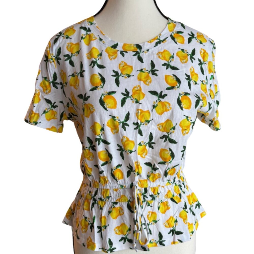 ZARA LEMON PRINT COTTON PEPLUM TOP, SZ.L